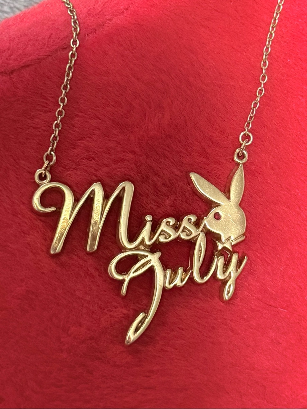 Playboy Gold Miss July Script Necklace with Bunny Accent